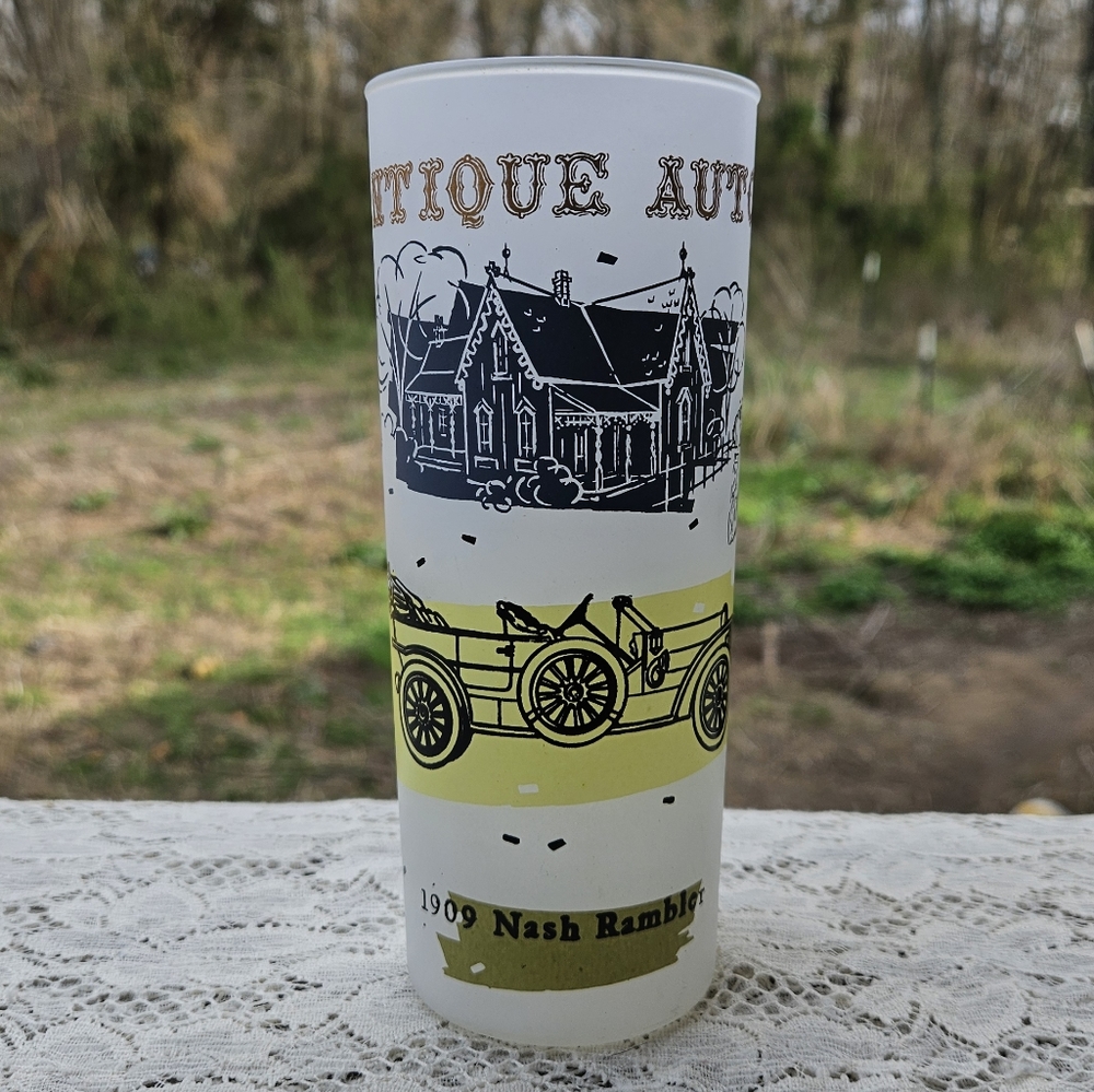 Mid Century Vintage Glass Tumbler Antique Autos Theme 1909 Nash Rambler